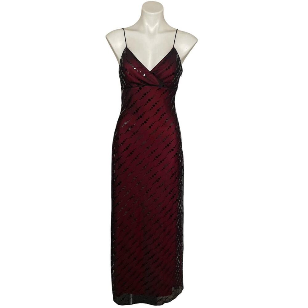 Vintage Clique Maxi Dress Spaghetti Strap Red Sheer Black Overlay Sequins HOCO